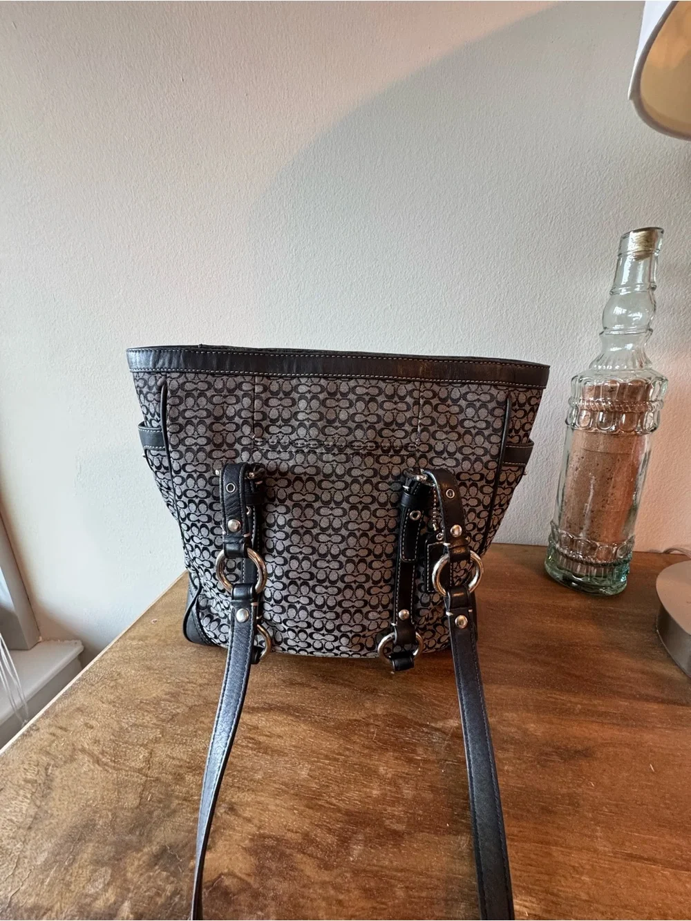 Coach Signature Pattern Black and Gray Tote with Leather Trim